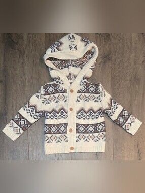 Baby B'gosh Hooded Fair Isle Knit Button Cardigan Sweater Brown Boys 12 Months